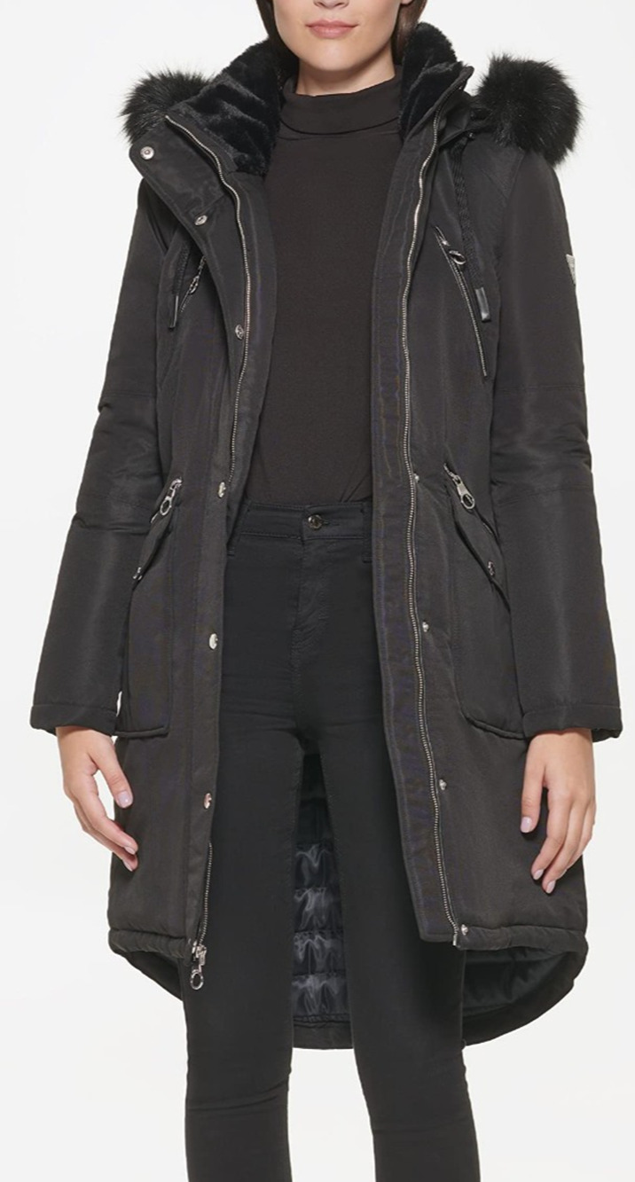 Guess Puffer Parka Jacket Black Removable Faux Fur Trim Hooded Coat Winter XL